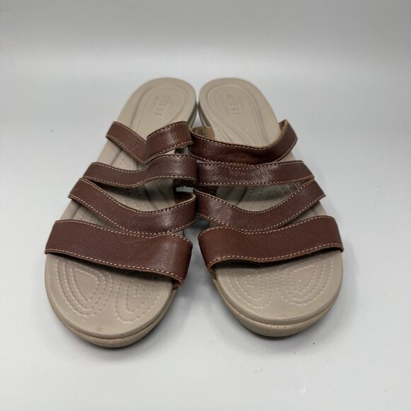 Crocs Womens 9 Brown Leather Strappy Mini Wedge Sandals Slides Leigh Ann 204730 - Picture 4 of 9